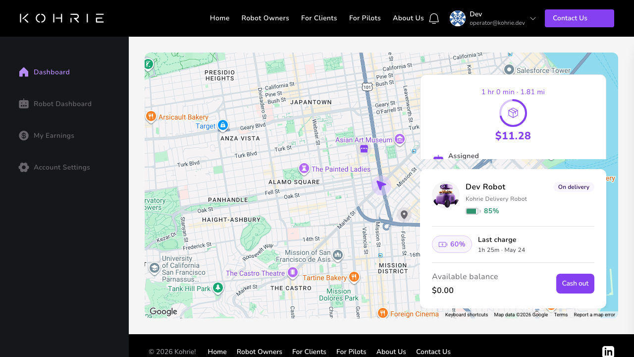 Operator home dashboard showing robot summary and online status