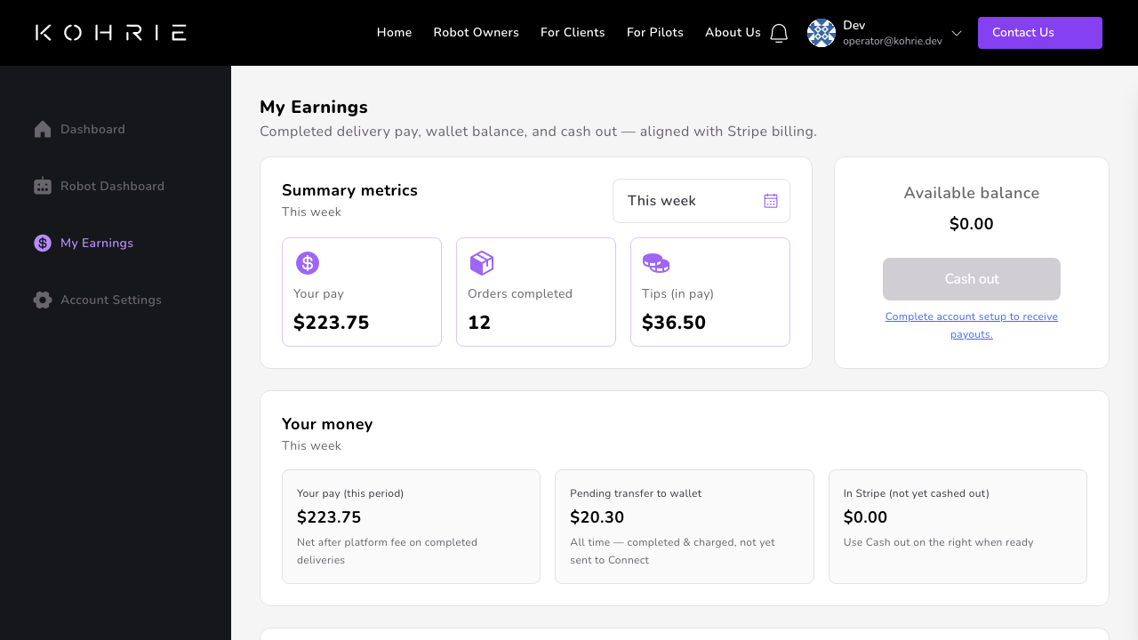 Robot owner dashboard showing your pay and completed orders