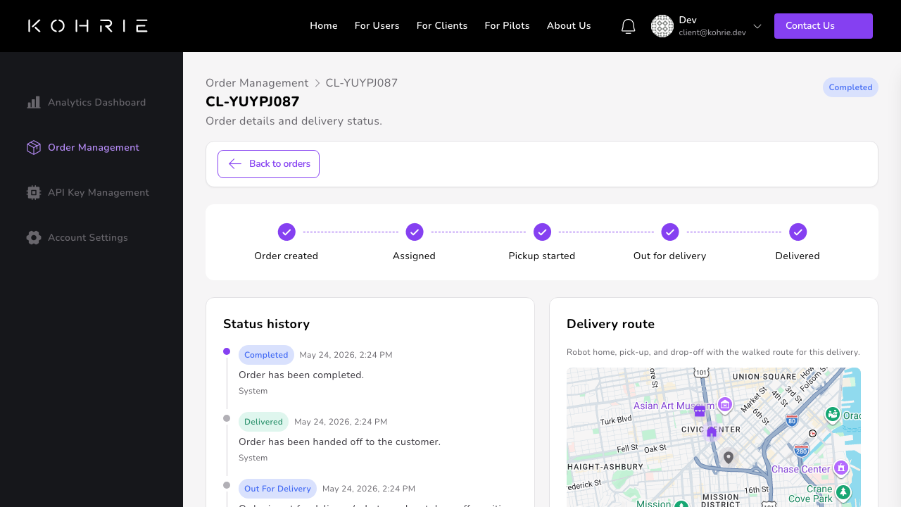 Order tracking view with delivery status and map