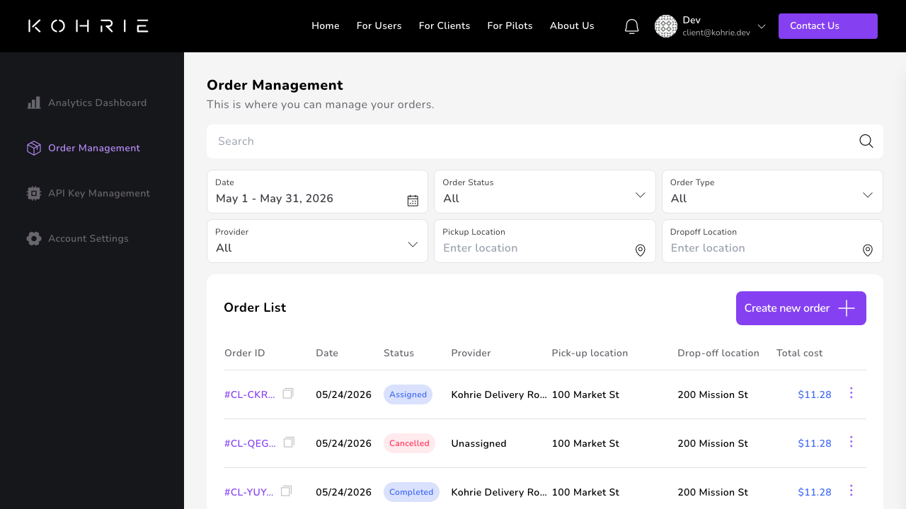 Client orders dashboard with delivery list