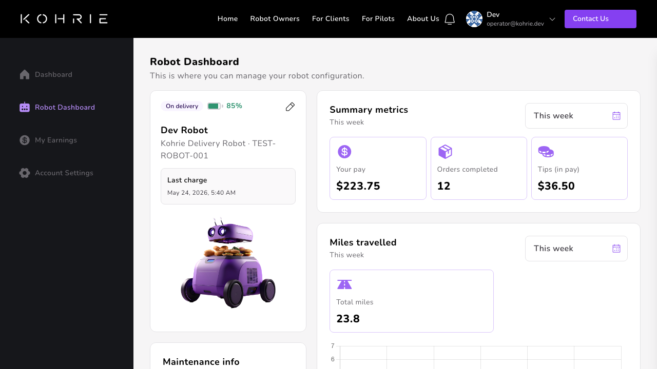 Robot owner dashboard showing live robot status and earnings